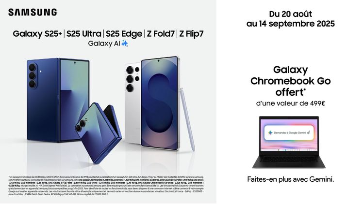 Spécial rentrée Free Mobile : un Galaxy Chromebook Go offert avec votre smartphone Samsung S25 Ultra, S25 Edge, Z Flip7 ou Z Fold7