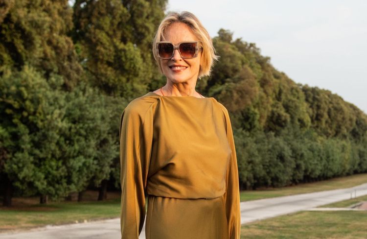 En longue robe cintrée et satinée, Sharon Stone prouve que le style n’a pas d’âge