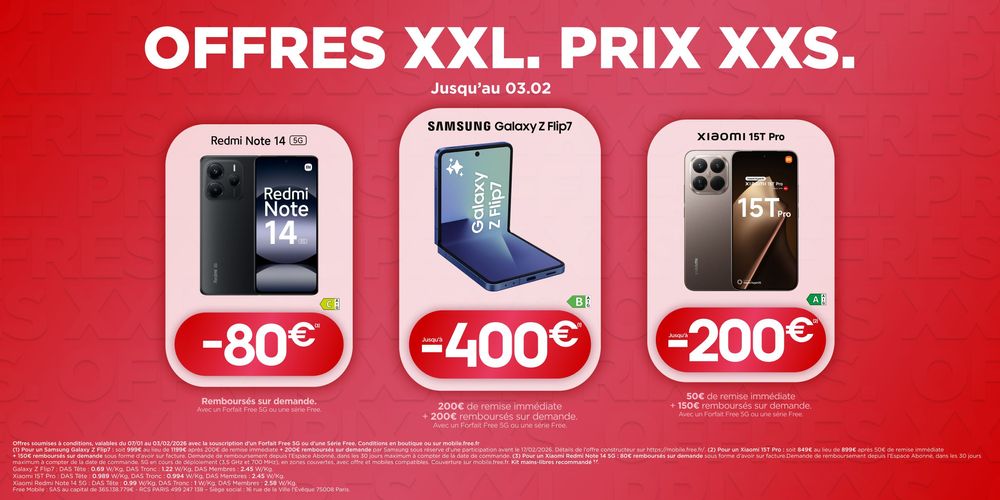 Offres XXL, prix XXS chez Free Mobile : jusqu'à 400€ de réduction sur Galaxy Z Flip7, Xiaomi 15T Pro et Redmi Note 14 5G